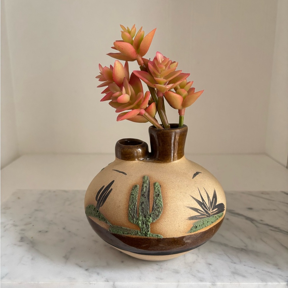 Vintage Signed Desert Southwestern Cactus Ceramic Wedding Vase